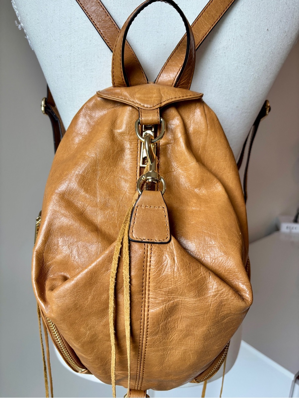 Rebecca Minkoff Cognac Mini Julian Leather Backpack Convertible Shoulder Bag - Picture 3 of 14